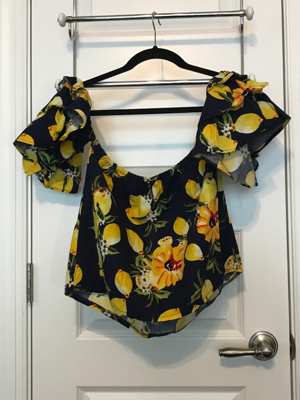 Love Angelus off the shoulder ruffle sleeve black top with lemons & flowers (L)
